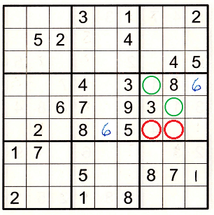 Sudoku grid the same as figure 1 with two cells (r6c7 and r6c8) are marked with red circles